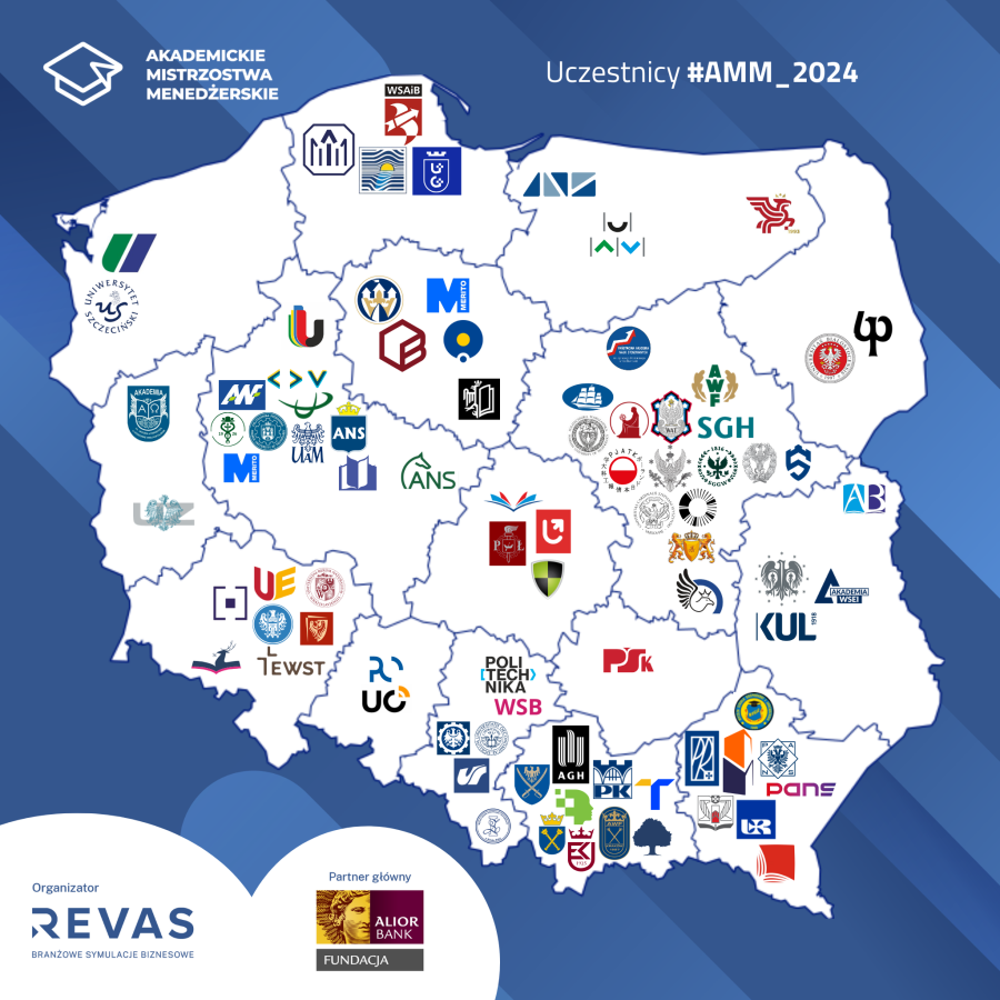 Mapa Polski z logotypami uczelni, które uczestniczyły w Akademickich Mistrzostwach Menedżerskich. Organizator: Revas – Branżowe Symulacje Biznesowe. Partner główny: Fundacja Alior Banku