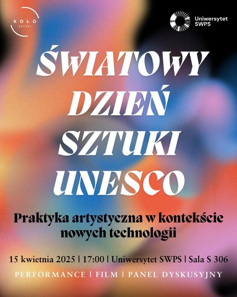 Plakat zapowiadający Światowy Dzień Sztuki; abstrakcyjna grafika i informacje o wydarzeniu zawarte w artykule