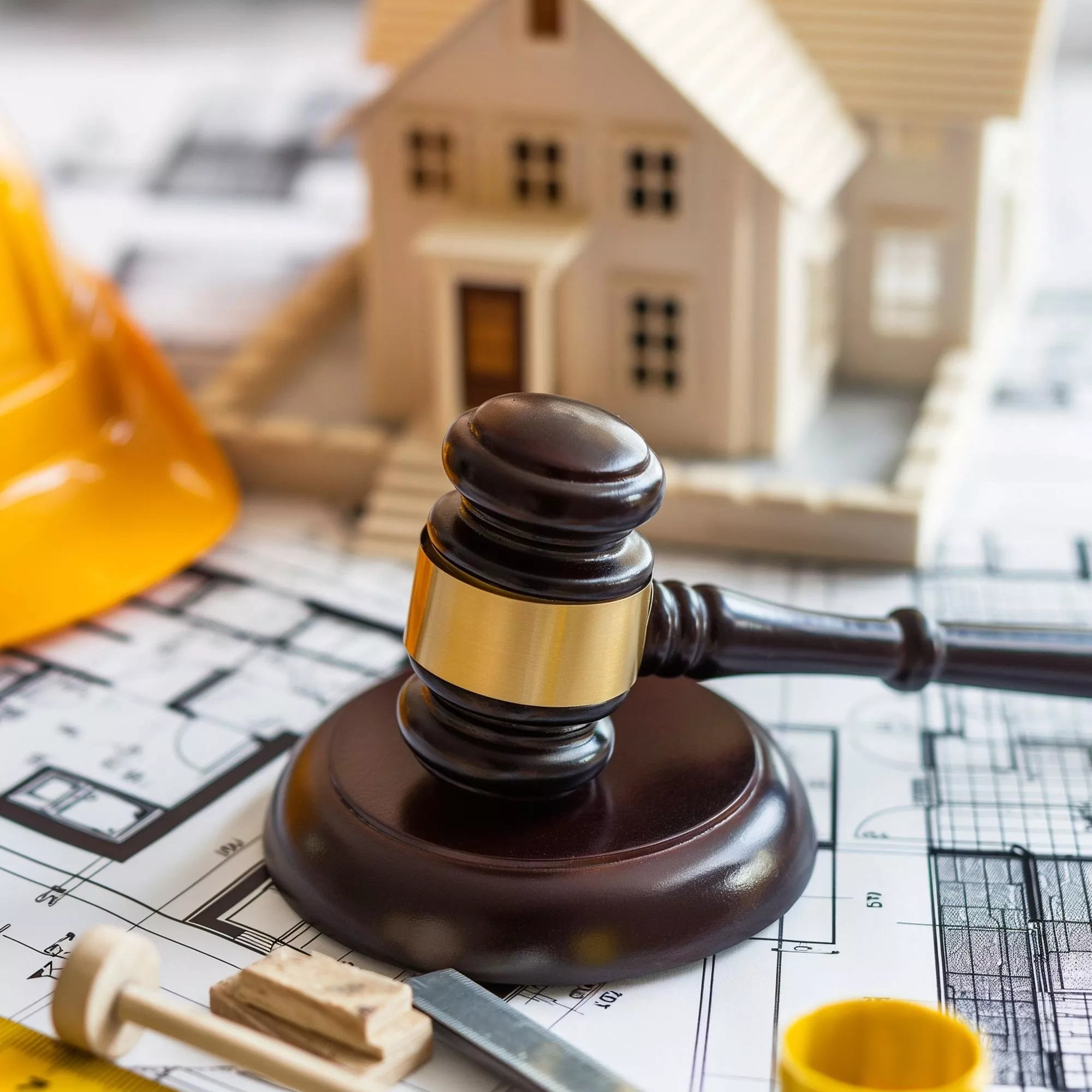 Młotek sędziowski leżący na planach architektonicznych. W tle widać makietę domu, miarki i żółty kask budowlańca