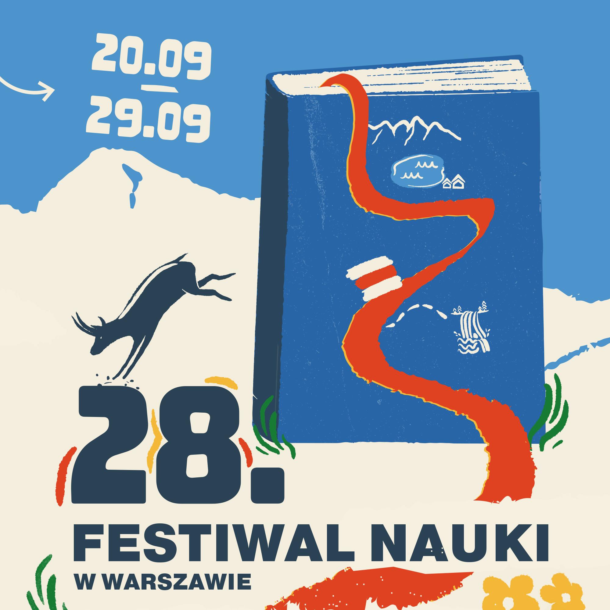 Grafika promocyjna 28. Festiwalu Nauki w Warszawie. Festiwal odbędzie się w dniach 20–29 września 2024