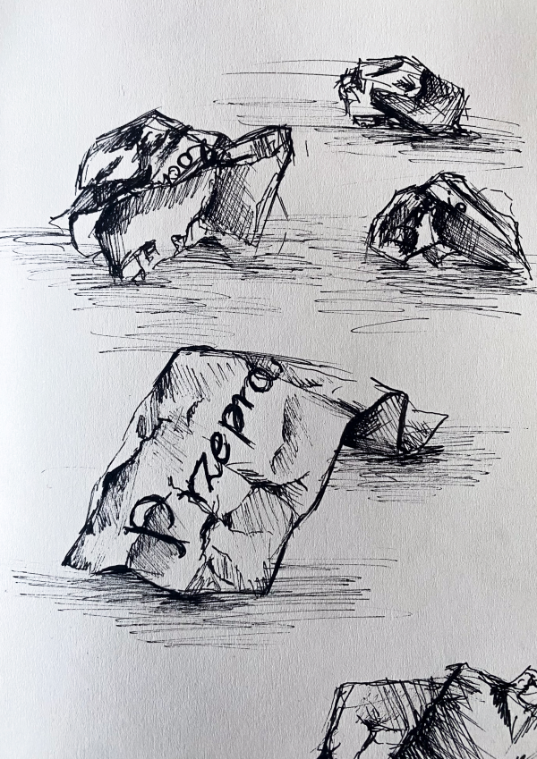Grafika. Zgniecione kartki papieru, na jednej widać fragment napisu „Przepraszam”