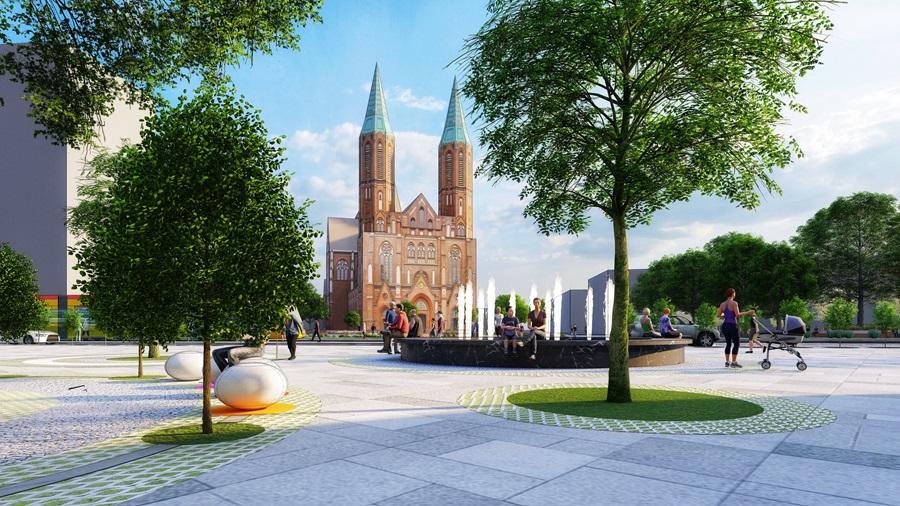 Wizualizacja projektu parku z widokiem na katedrę św. Floriana i św. Michała Archanioła